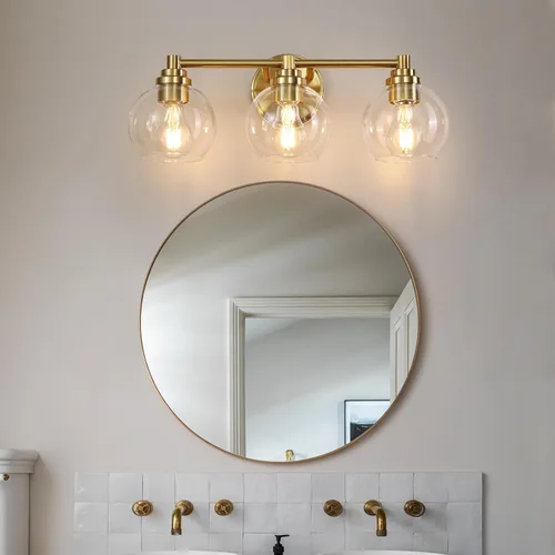 Miniatura 6 de Lámparas de baño de 3 luces, moderna lámpara de tocador con pantalla de cristal de globo, luces de baño doradas cepilladas sobre el espejo, luces