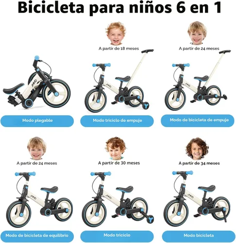 Miniatura 2 de JMMD Bicicleta 6 en 1 para niños de 18 a 60 meses, bicicleta de equilibrio plegable de 12 pulgadas con ruedas de entrenamiento, pedales, frenos, Azul