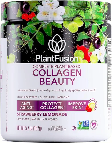 PlantFusion Vegan Collagen Beauty - Colágeno en polvo vegano para mujeres, vitaminas para el cabello, la piel y las uñas, sin gluten, sin OMG, sin