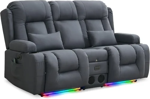 Miniatura 14 de URRED Sofá reclinable eléctrico con masaje y calor, sofá biplaza reclinable de pared con consola, sofá de casa rodante, asiento de cine en casa