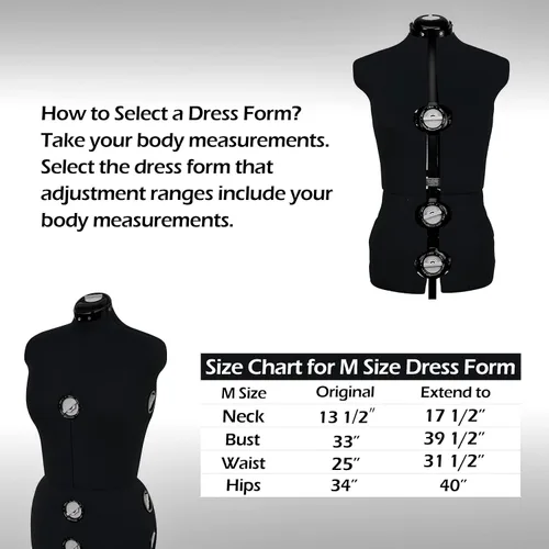 Miniatura 6 de BHD BEAUTY Vestido de maniquí ajustable de tela negra con 13 diales para costura, torso corporal de maniquí con soporte para triples cápsulas, Negro