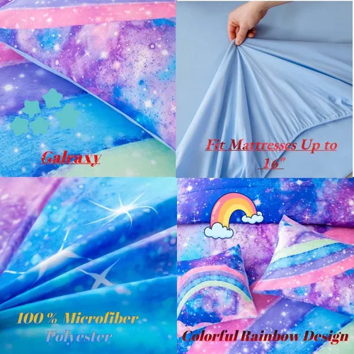 Miniatura 7 de ANGIYUIN Juego de Edredón Tie Dye Arcoíris Azul Tamaño Queen 6 Piezas Degradado con Purpurina Cama en una Bolsa para Niñas Juego de Ropa de Cama Tie