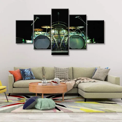 Miniatura 36 de Arte de pared en blanco y negro, kit de batería de jazz morado sobre fondo negro, pinturas de 5 paneles, lienzo, arte de pared para decoración