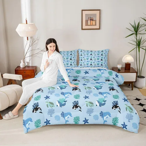 Miniatura 4 de Erosebridal Blue Ocean - Juego de edredón tamaño individual Juego de ropa de cama de ballena delfín y tortuga marina para niños y niñas, juego