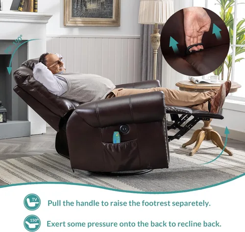 Miniatura 6 de MEETWARM Sillón reclinable giratorio de masaje con calor y vibración, mecedora manual mecedora, silla reclinable giratoria de 360° con control