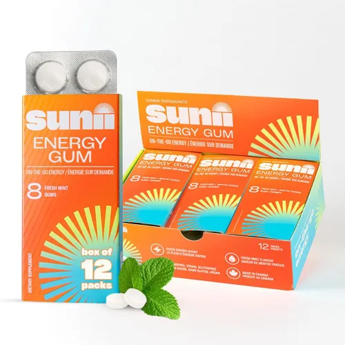 Miniatura 11 de Sunii - Goma de Mascar Energética - Impulso Rápido de Energía y Enfoque - Goma de Mascar con 50mg de Cafeína, Sabor a Menta Fresca - Vitaminas B6