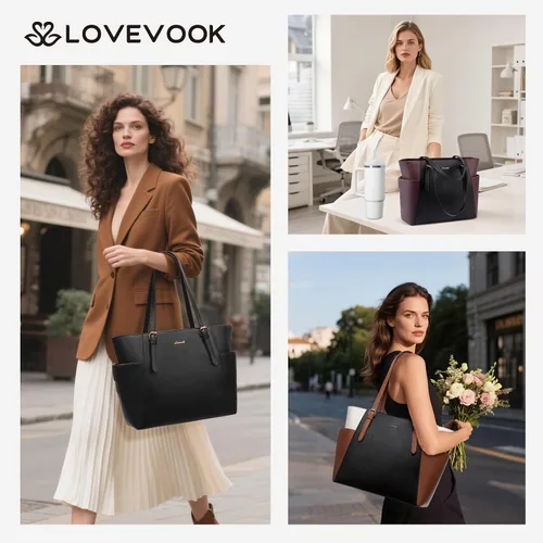 Miniatura 2 de LOVEVOOK Bolso para laptop con gran portavasos para mujer, bolso de mano de cuero para trabajo, bolso de hombro profesional para computadora de 15.6