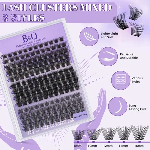 Miniatura 3 de B&Qaugen Racimos de Pestañas 156PCS Kit de Racimos de Pestañas B01+B02+B19 Kit de Extensión de Pestañas DIY Kit de Extensión de Pestañas 8-18mm