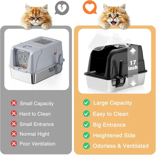 Miniatura 7 de Caja de arena para gatos de acero inoxidable con tapa, caja de arena grande XL cerrada para gatos de alta cara, caja de metal para gatos con tapa