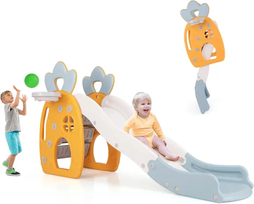 Miniatura 11 de BABY JOY Tobogán plegable para niños pequeños, juego independiente de escalador para bebés con aro de baloncesto, juego de tobogán para niños