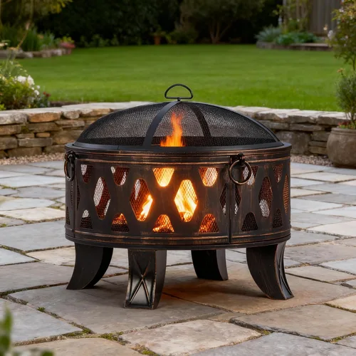 Miniatura 10 de Breezz Fogata de leña de 26 pulgadas con parrilla de cocina y pantalla de chispas, hoguera redonda de metal para exteriores, patio, fiesta