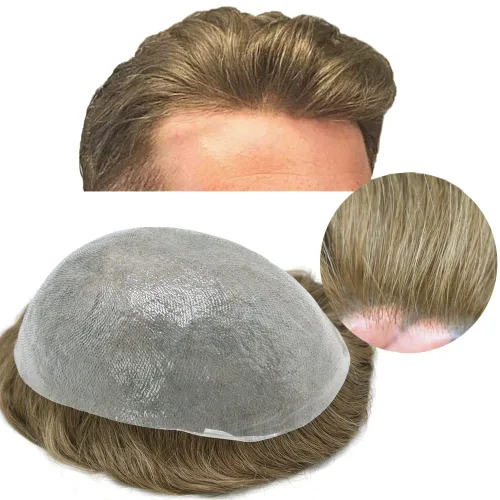 Miniatura 28 de Toupee para hombres, piel ultra fina, 0.002 in, base de poli completa, bucle en V, suave, sistema de reemplazo de cabello humano, pelucas para #1