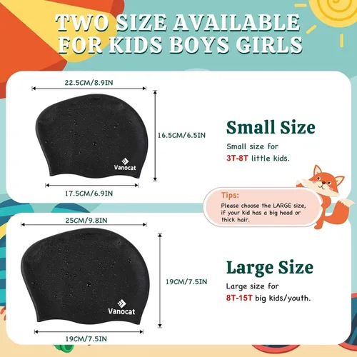 Miniatura 2 de 2 paquetes de gorras de natación para niños para cabello largo/corto, gorro de natación unisex de silicona para niños de 3 a 15 años, niños