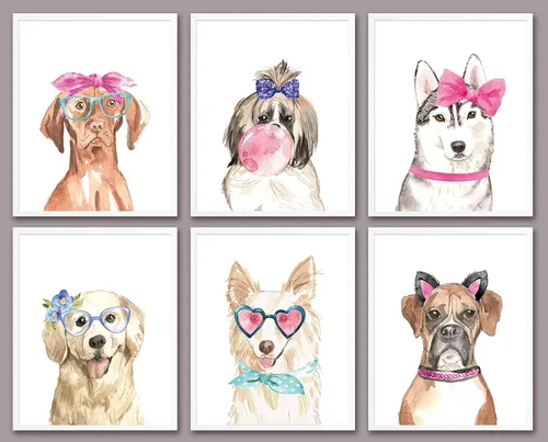 6 piezas de arte de pared de perros lindos en acuarela para decoración de habitación de niñas, decoración de pared divertidos para amantes de los