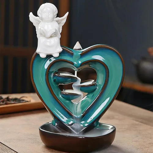 Boy Angel Love - Soporte para quemador de incienso, cascada, cono de retorno, quemador de cerámica con pinzas, tapete AI001