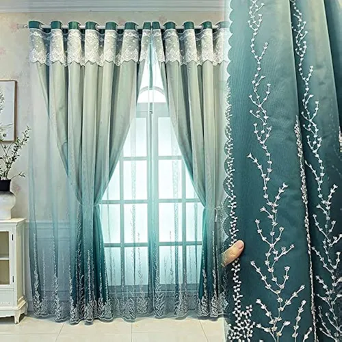Amidoudou 1 par de cortinas de doble capa para sala de estar, cortinas bordadas con patrón de árbol de coral degradado para dormitorio (azul verde,