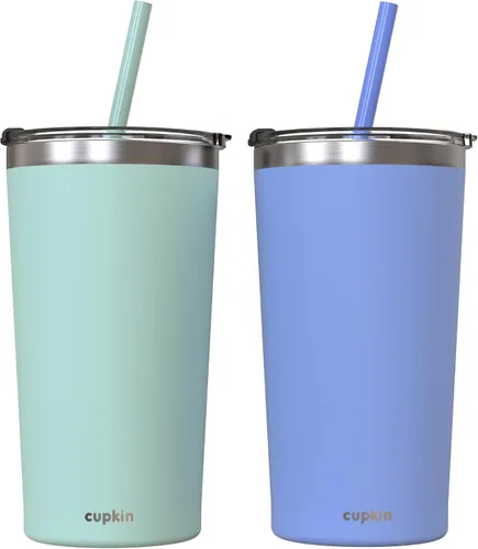 Miniatura 10 de CUPKIN - Taza apilable de acero inoxidable para niños, taza de batido, tazas aisladas con recubrimiento en polvo, tapa libre de BPA y pajilla de Rosa