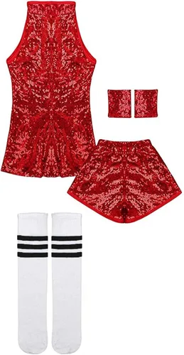 Miniatura 8 de LOLANTA Vestido de baile de lentejuelas para niñas de 4 a 12 años, traje de baile de hip hop, sin mangas y pantalones cortos