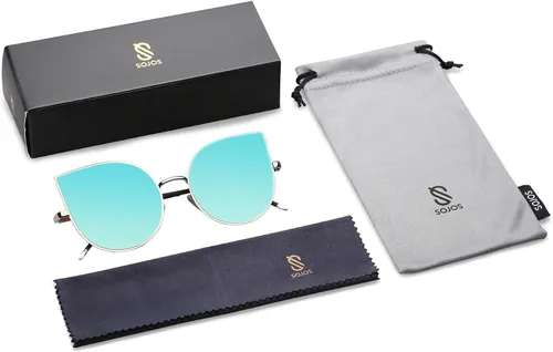 Miniatura 6 de SojoS SJ1022 anteojos de sol con lentes lisos y espejados con forma de ojos de gato, con marco de metal liviano y ultradelgado, para mujer