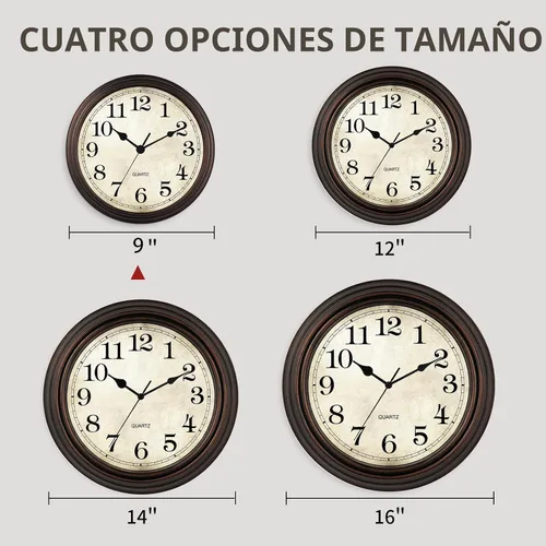 Miniatura 2 de Reloj de pared de 9 pulgadas, silencioso sin tictac, clásico, funciona con pilas, decorativo para sala de estar, dormitorio, baño, cocina y oficina