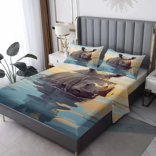 Miniatura 8 de Juego de sábanas para cama individual – Juego de sábanas divertidas de rinoceronte, sábanas y fundas de almohada, microfibra suave y bolsillo