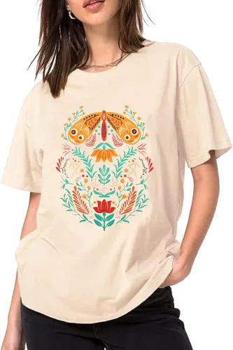 Camiseta con estampado de flores para mujer, estilo vintage, con estampado de mariposas, casual, de manga corta, de gran tamaño, con estampado
