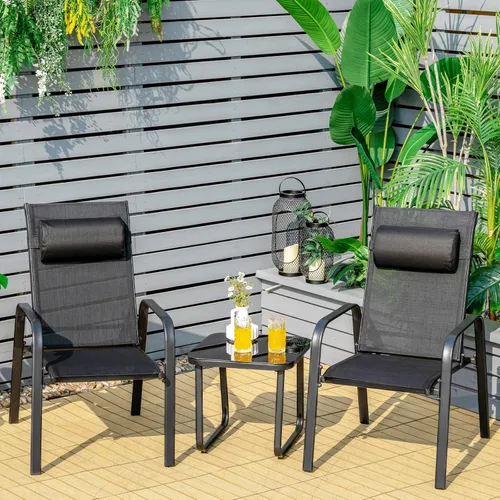Miniatura 2 de Tangkula Juego de 3 piezas de bistró para exteriores, sillas apilables para patio con respaldo ajustable y plegable, reposacabezas extraíble y mesa