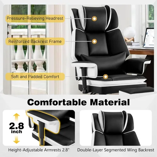 Miniatura 5 de Silla de oficina resistente con reposapiés de respaldo alto, silla de oficina de piel sintética con soporte lumbar ajustable, silla de escritorio