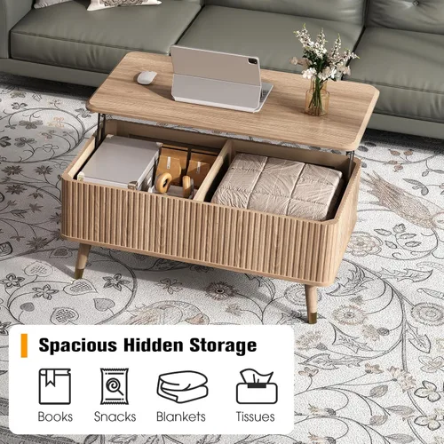 Miniatura 8 de Mesa de centro elevable con almacenamiento, mesa de centro moderna de mediados de siglo con patas de madera maciza, mesa central minimalista Roble