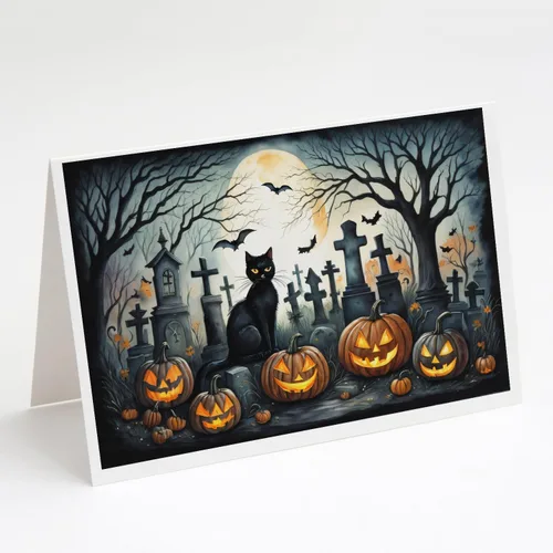 Caroline's Treasures DAC2223GCA7P - Tarjetas de felicitación y sobres de Halloween espeluznantes de gato negro, paquete de 8 tarjetas en blanco con