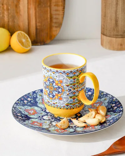 Miniatura 5 de HENXFEN LEAD Juego de 6 tazas de café bohemias de cerámica, tazas coloridas de 14 onzas para té, café con leche y chocolate caliente, aptas