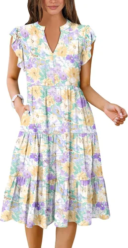 Miniatura 11 de ANRABESS Vestido de verano para mujer, manga con volantes, cuello en V, vestido midi a la moda, casual, holgado, escalonado, bohemio, playa