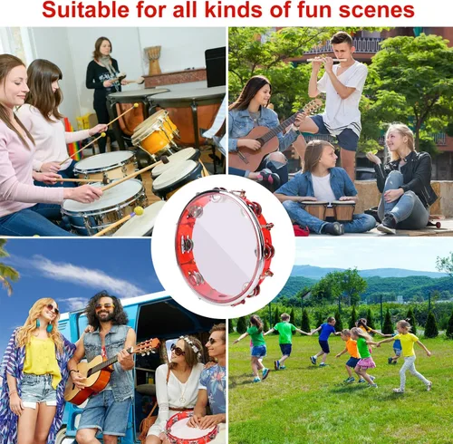 Miniatura 7 de Pandereta ajustable roja de 10 pulgadas, tambor de instrumento de percusión musical con doble jingles de metal, pandereta de mano para adultos