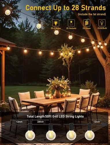 Miniatura 3 de Cadena de luces para exteriores de 50 pies con bombillas G40, luces impermeables para patio con 27 bombillas LED inastillables (2 repuestos)