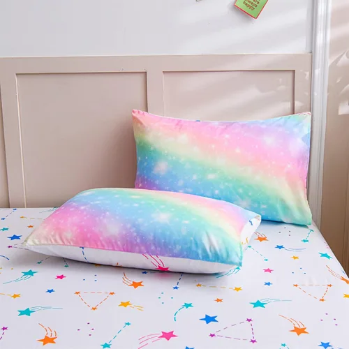 Miniatura 7 de A Nice Night Juego de ropa de cama de 6 piezas con purpurina degradada para niñas, juego de edredón colorido de galaxia arco iris, juegos de ropa