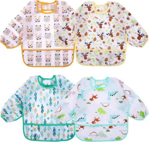 Accmor 4 Pack Long Sleeve Bibs, Baby Smock Waterproof Sleeved Bib Smock for Baby Toddler 6-36 Months Dinosaurio azul/cerdo naranja/alce