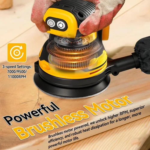 Miniatura 6 de Lijadora orbital aleatoria inalámbrica apta para batería Dewalt de 20 V, motor sin escobillas de 300 W, 11000 RPM, lijadora de palma de 5 pulgadas