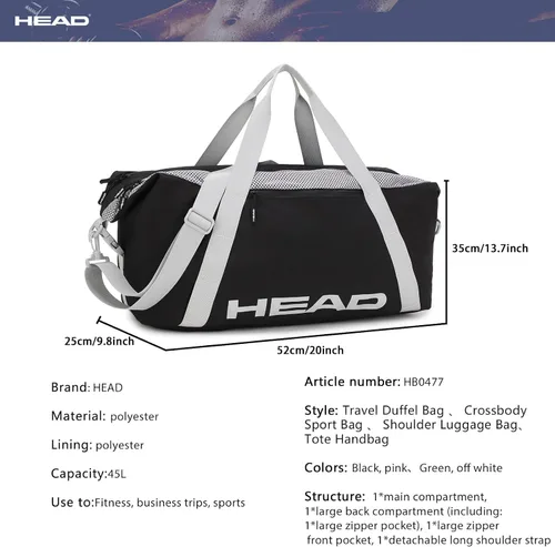 Miniatura 5 de HEAD Bolsa de lona impermeable rosa de 45L para mujer, bolsa de gran capacidad para pasar la noche con correa desmontable, bolsa de viaje ligera