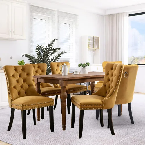 Miniatura 171 de SoarFlash Juego de 2 sillas de comedor de tela de lino, sillas de comedor tapizadas con ribete de cabeza de clavo y patas de madera de color claro