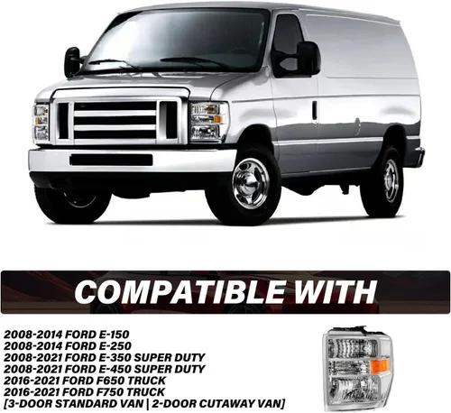 Miniatura 5 de Conjunto de faros BRYGHT Compatible con [Todos los modelos] 08-14 Ford E150 E250 08-21 E350 E450 Super Duty Faros de repuesto con carcasa cromada