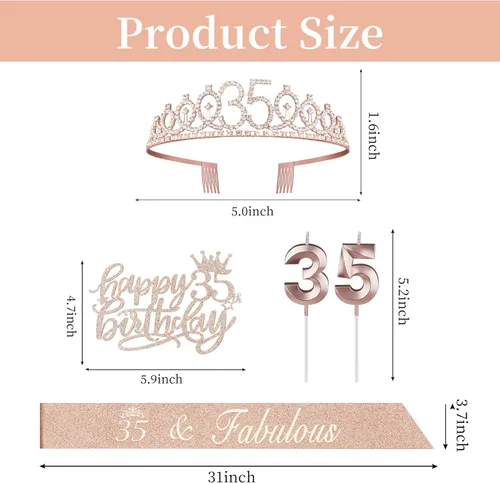Miniatura 3 de Decoraciones de cumpleaños de 35 años para mujer, que incluye banda, tiara/corona, velas numéricas y adorno para pastel; regalos de cumpleaños de 35