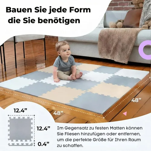 Miniatura 2 de MioTetto Tapete de juego para bebé, baldosas de espuma suave para el suelo para niños. Baldosas de espuma entrelazadas ajustables, se adapta a