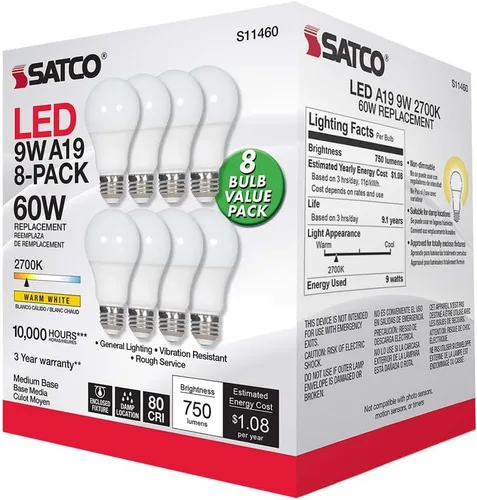Miniatura 4 de Satco S11460 - Paquete económico de 8 bombillas LED A19 de 9 W, reemplazo de 60 W, blanco, 9 vatios