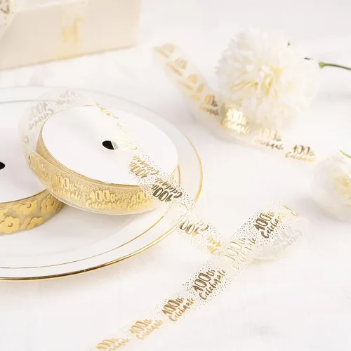 Miniatura 2 de Cinta de regalo transparente dorada – Cinta de hilo de nieve con letras de celebración número 100 para bodas, cumpleaños, aniversario, fiesta