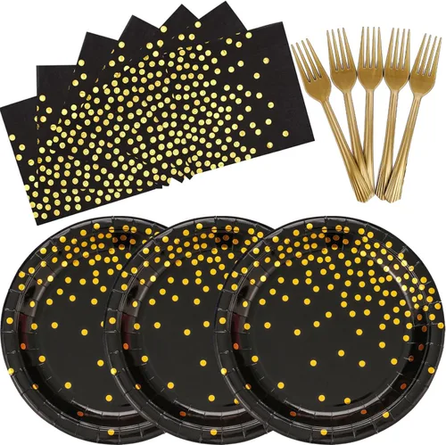 Miniatura 10 de Suministros de fiesta negros y dorados, 145 platos de papel, servilletas, cuchillos, tenedores, vasos, pancartas, para víspera de Año Nuevo 2026