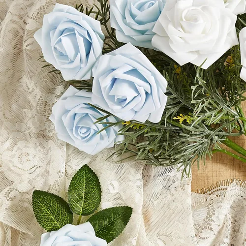 Miniatura 6 de Flores artificiales, 25 piezas, rosa artificial azul bebé para ramos de boda, centros de mesa, arreglos, flor falsa con tallos para decoración