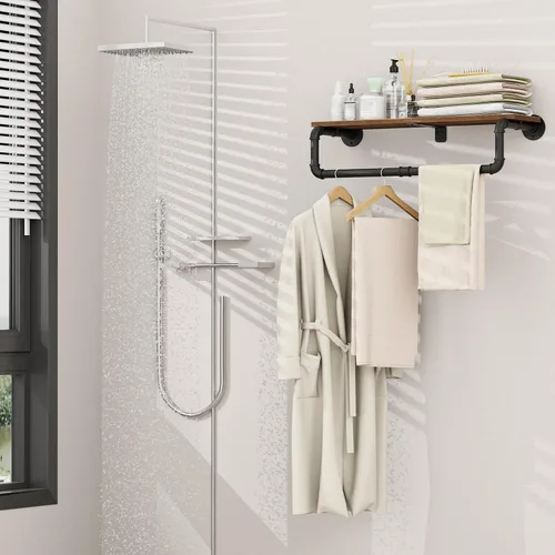 Miniatura 6 de Perchero Industrial de Tubería, Perchero de Ropa de Hierro Resistente Montado en Pared para Colgar Ropa, Estante con Barra para Colgar