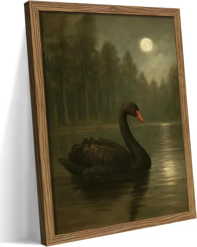 Arte de pared de cisne negro con marco de madera, pequeño vintage antiguo cisne animal lienzo decoración de pared, pósteres de casa de campo gótico