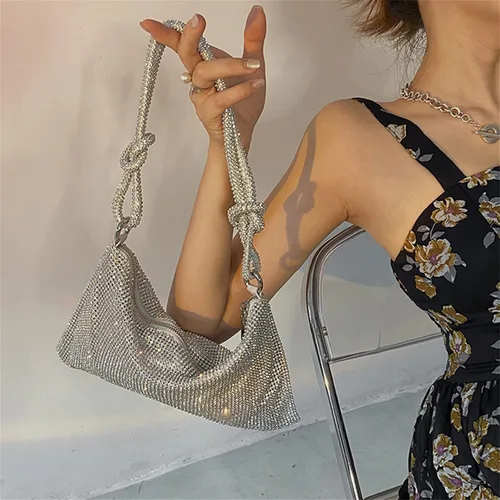 Miniatura 5 de Bolso de mano de noche con diamantes de imitación para mujer, bolso de mano plateado brillante con purpurina para boda, baile de graduación y fiesta