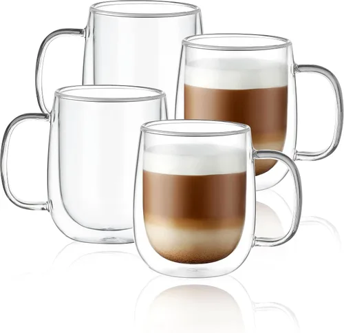 CNGLASS Tazas de café de vidrio de 12 onzas, juego de tazas aisladas de doble pared con asa, tazas de expreso de vidrio transparente para café con